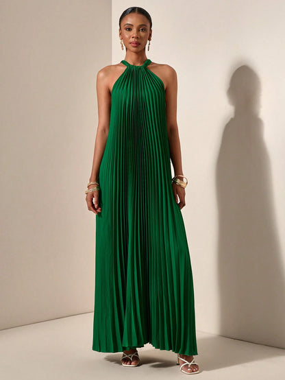 Zivah Beach Dinner Party Spring Summer Casual Mature Elegant Wedding Light Daily Dating Halterneck Sleeveless Pleated A-Hem Loose Dress Emerald Green Women