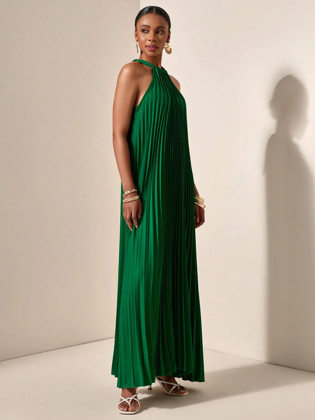 Zivah Beach Dinner Party Spring Summer Casual Mature Elegant Wedding Light Daily Dating Halterneck Sleeveless Pleated A-Hem Loose Dress Emerald Green Women