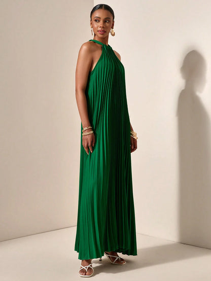Zivah Beach Dinner Party Spring Summer Casual Mature Elegant Wedding Light Daily Dating Halterneck Sleeveless Pleated A-Hem Loose Dress Emerald Green Women