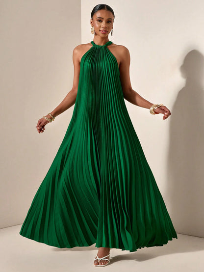Zivah Beach Dinner Party Spring Summer Casual Mature Elegant Wedding Light Daily Dating Halterneck Sleeveless Pleated A-Hem Loose Dress Emerald Green Women