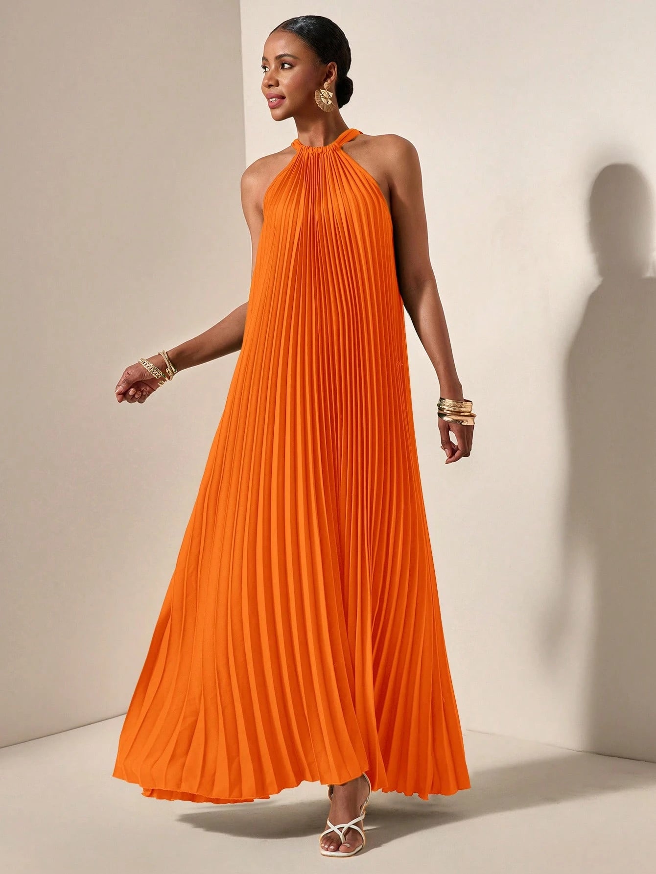 Zivah Beach Dinner Party Spring Summer Casual Mature Elegant Wedding Light Daily Dating Halterneck Sleeveless Pleated A-Hem Loose Dress Emerald Green Women