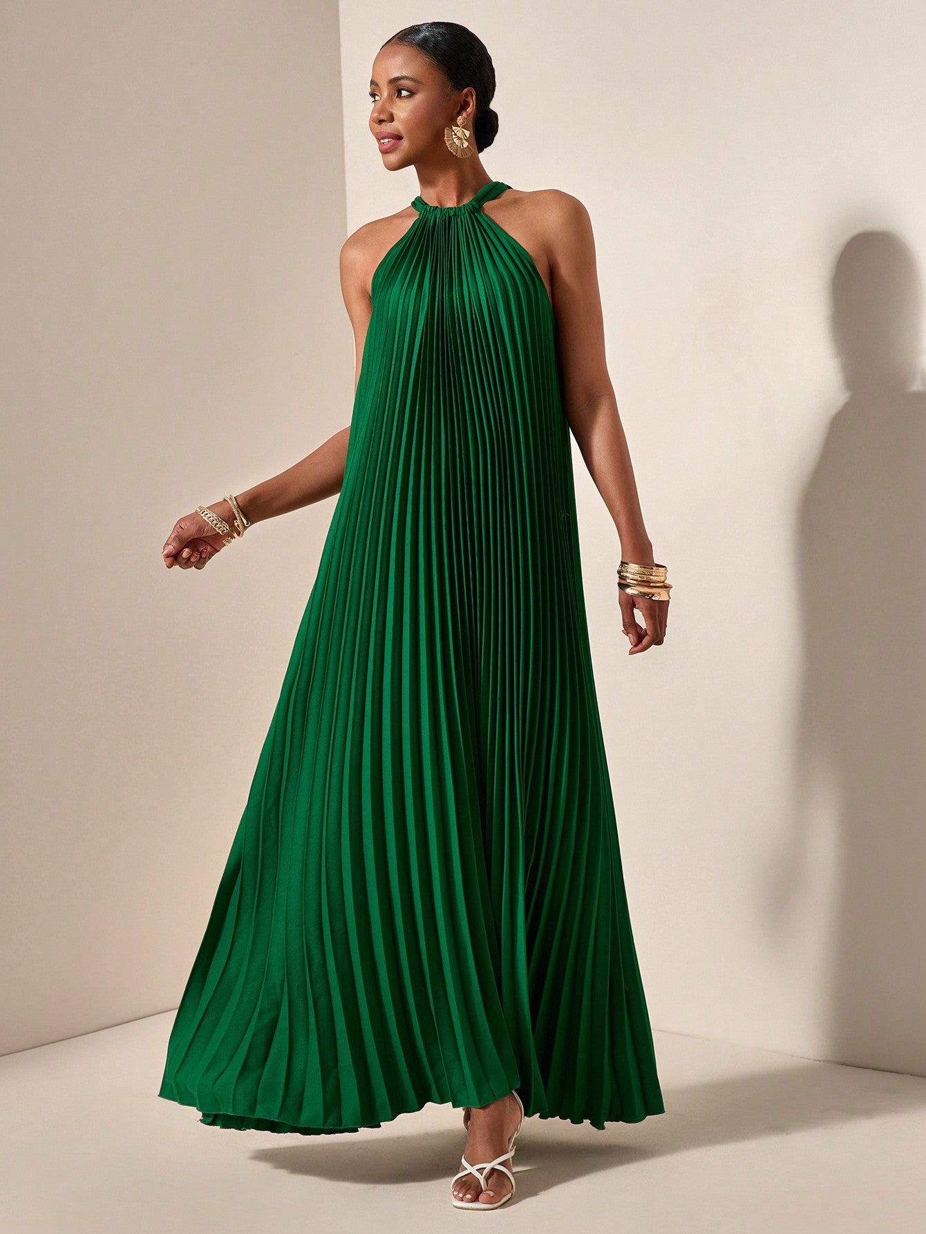 Zivah Beach Dinner Party Spring Summer Casual Mature Elegant Wedding Light Daily Dating Halterneck Sleeveless Pleated A-Hem Loose Dress Emerald Green Women