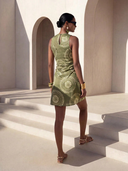Zivah New Summer/ Autumn Hot-Selling Casual Commuting Vacation Olive Green Retro Print Round Neck Sleeveless Slim Fit Draped Gathered Asymmetrical Hem Women Mini Dress, Suitable For Everyday Wear, Goi