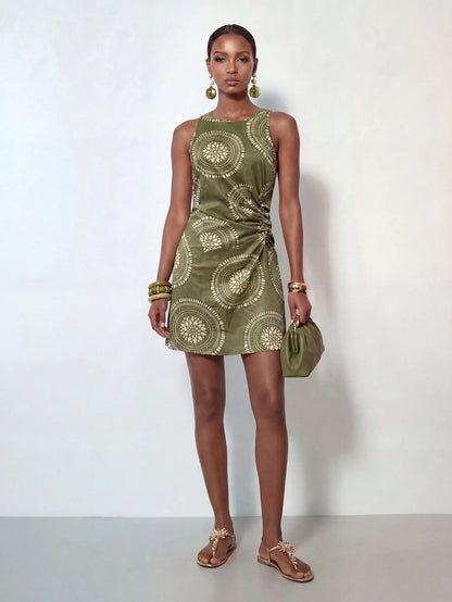 Zivah New Summer/ Autumn Hot-Selling Casual Commuting Vacation Olive Green Retro Print Round Neck Sleeveless Slim Fit Draped Gathered Asymmetrical Hem Women Mini Dress, Suitable For Everyday Wear, Goi