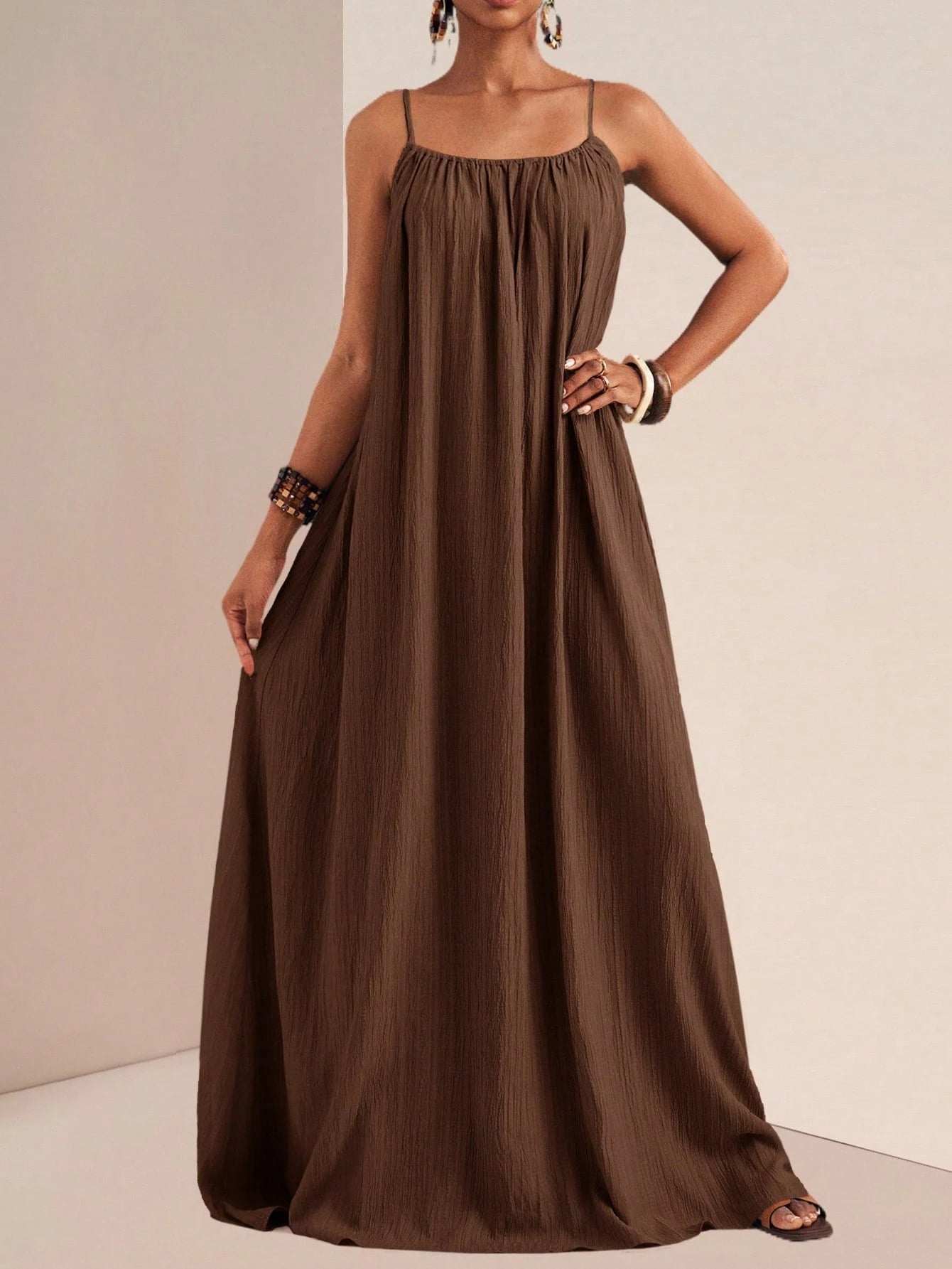 Zivah Women's Coffee Brown Summer Boho Holiday Vacation Holiday Spaghetti Strap Maxi Dress,Loose Fit Vertical Texture Sleeveless Sunbathing Beach Sundress