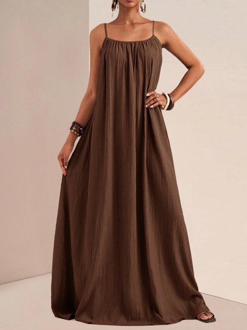 Zivah Women's Coffee Brown Summer Boho Holiday Vacation Holiday Spaghetti Strap Maxi Dress,Loose Fit Vertical Texture Sleeveless Sunbathing Beach Sundress
