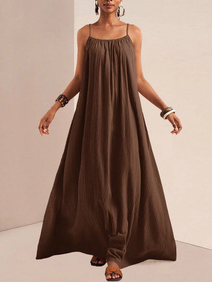 Zivah Women's Coffee Brown Summer Boho Holiday Vacation Holiday Spaghetti Strap Maxi Dress,Loose Fit Vertical Texture Sleeveless Sunbathing Beach Sundress