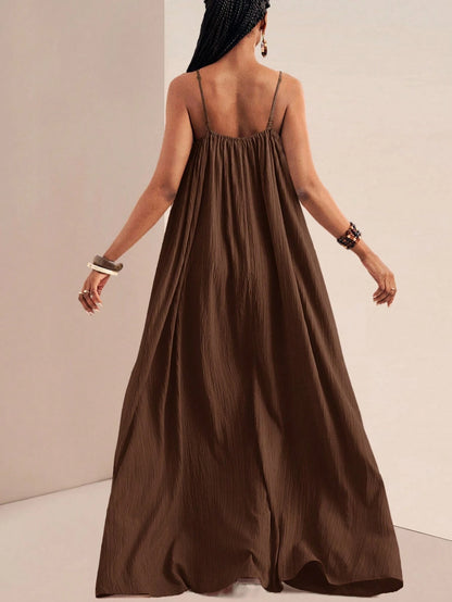 Zivah Women's Coffee Brown Summer Boho Holiday Vacation Holiday Spaghetti Strap Maxi Dress,Loose Fit Vertical Texture Sleeveless Sunbathing Beach Sundress