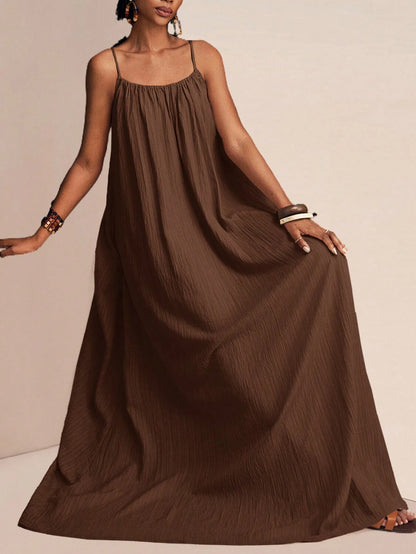Zivah Women's Coffee Brown Summer Boho Holiday Vacation Holiday Spaghetti Strap Maxi Dress,Loose Fit Vertical Texture Sleeveless Sunbathing Beach Sundress