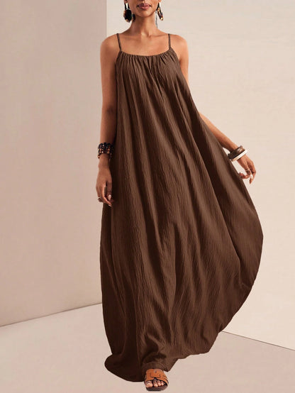 Zivah Women's Coffee Brown Summer Boho Holiday Vacation Holiday Spaghetti Strap Maxi Dress,Loose Fit Vertical Texture Sleeveless Sunbathing Beach Sundress