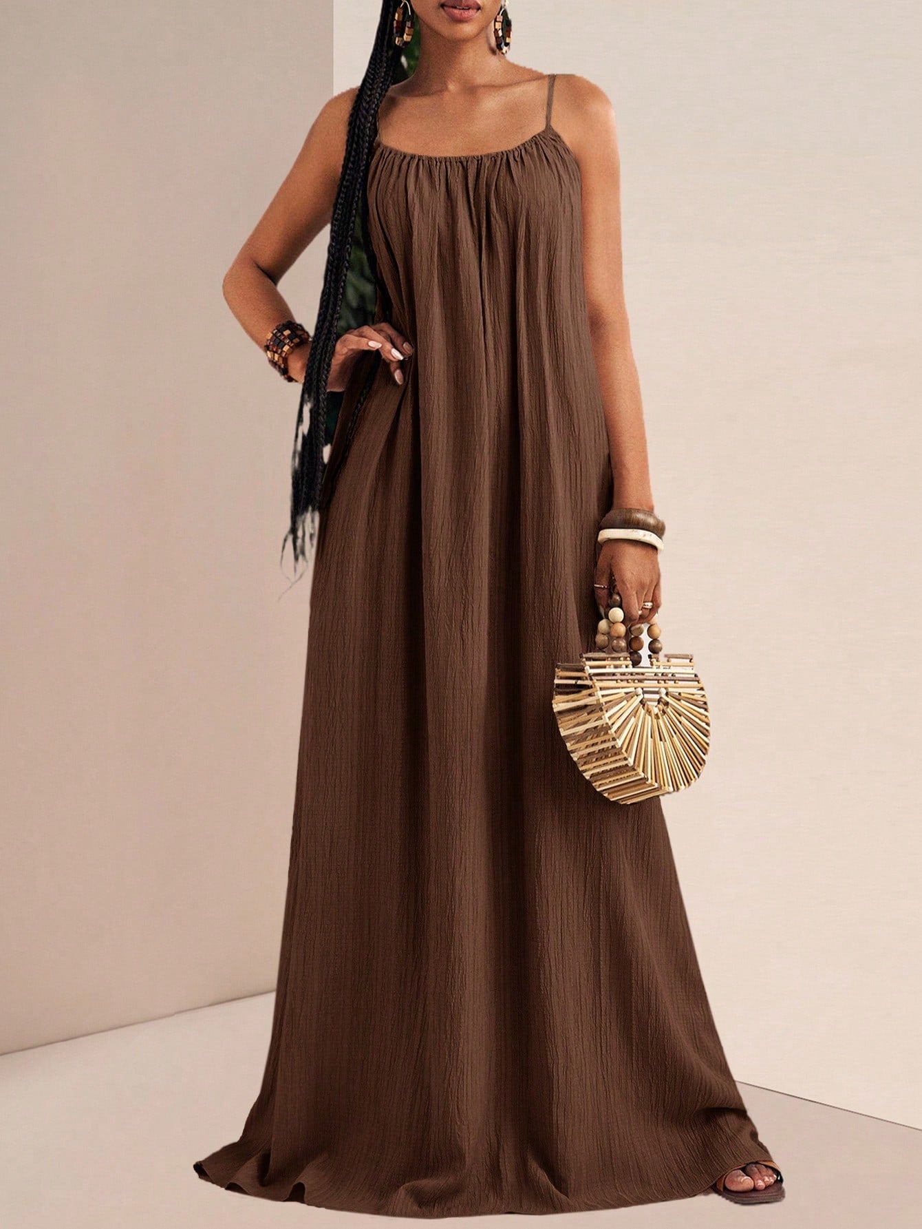 Zivah Women's Coffee Brown Summer Boho Holiday Vacation Holiday Spaghetti Strap Maxi Dress,Loose Fit Vertical Texture Sleeveless Sunbathing Beach Sundress