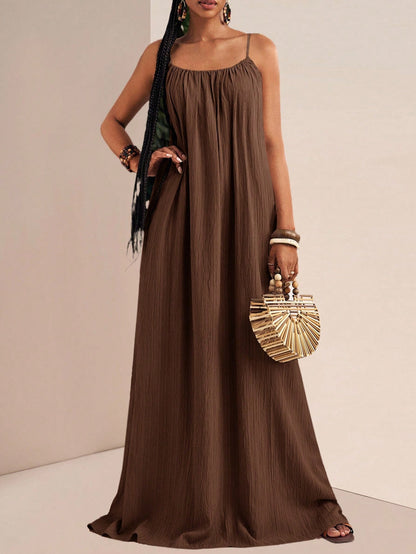 Zivah Women's Coffee Brown Summer Boho Holiday Vacation Holiday Spaghetti Strap Maxi Dress,Loose Fit Vertical Texture Sleeveless Sunbathing Beach Sundress