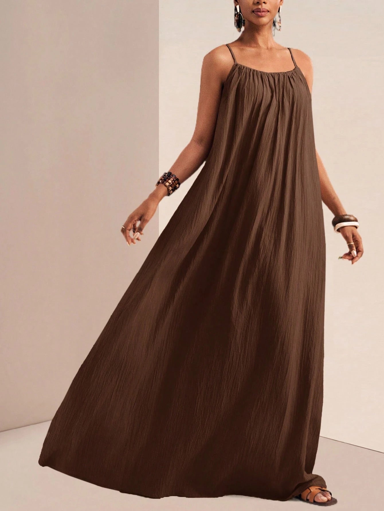 Zivah Women's Coffee Brown Summer Boho Holiday Vacation Holiday Spaghetti Strap Maxi Dress,Loose Fit Vertical Texture Sleeveless Sunbathing Beach Sundress