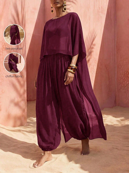 Zivah Women's Solid Color Top And Lantern Pants Casual Vacation Cover-Up Set
