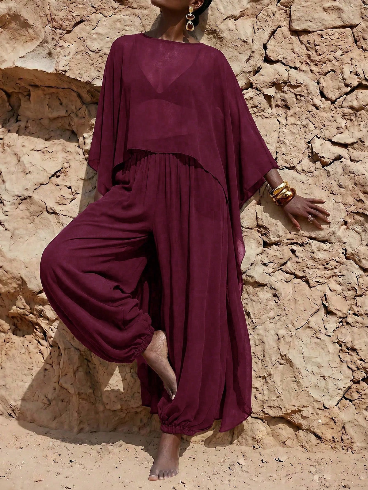 Zivah Women's Solid Color Top And Lantern Pants Casual Vacation Cover-Up Set