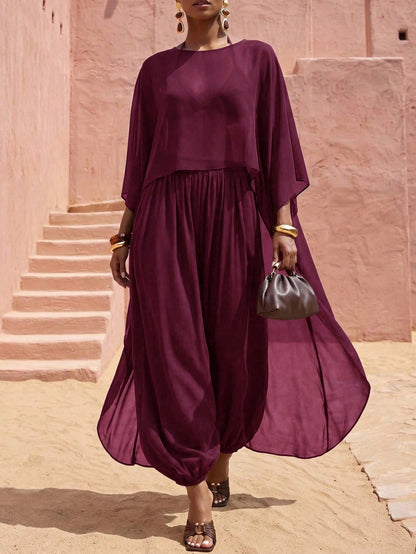 Zivah Women's Solid Color Top And Lantern Pants Casual Vacation Cover-Up Set